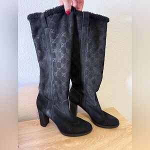 Gucci Black Suede GG Embossed Shearling Trim Heeled Boots